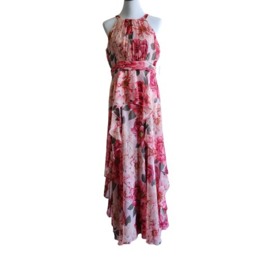 🆕️⬇️R & M Richards Floral Chiffon Gown With Halter Neckline And Ruffled Skirt - Picture 2 of 16